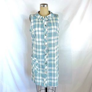 Vintage Plaid House Dress 60s Blue & White Medium